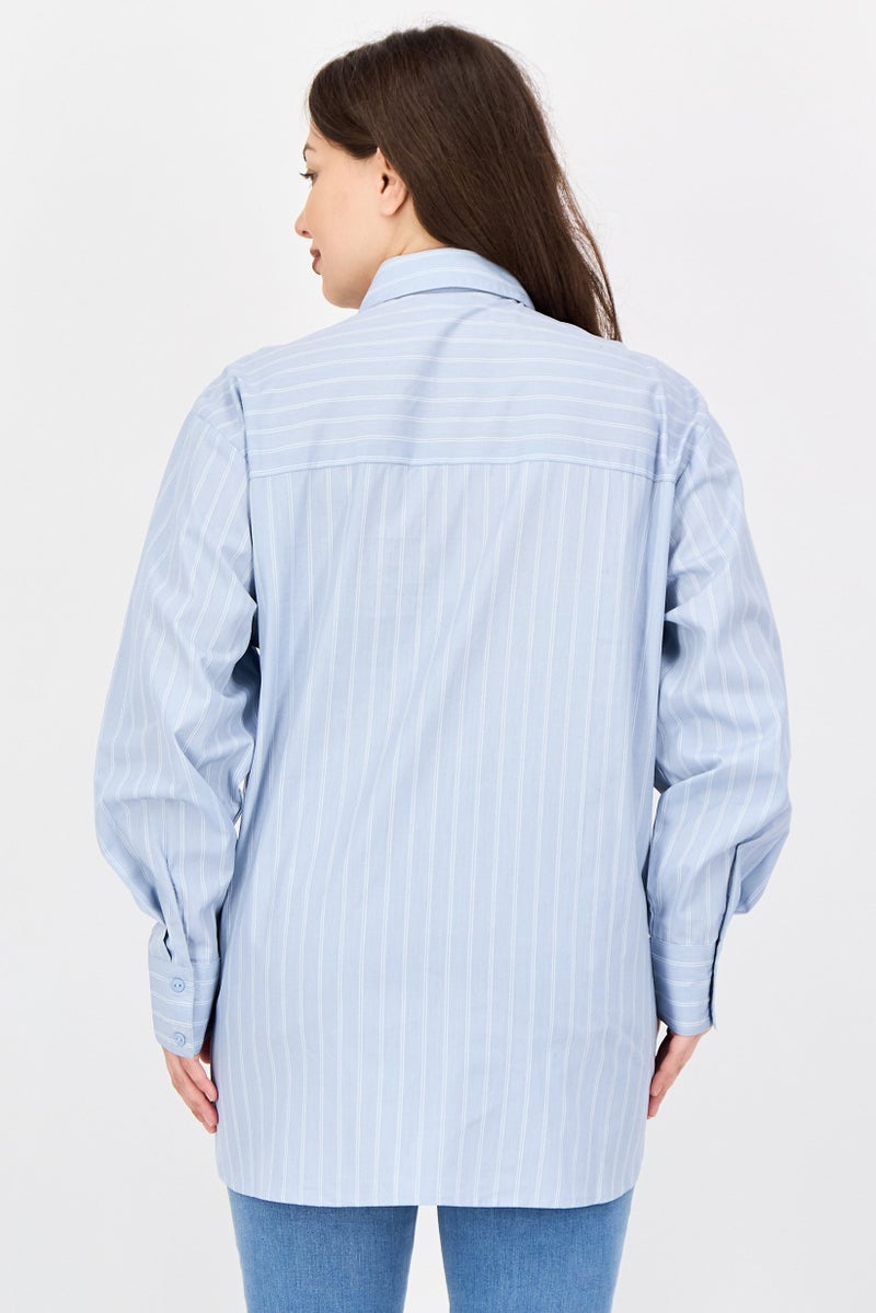 bebe Women Spread Collar Long Sleeve Embellished Shirt, Light Blue - Image 3